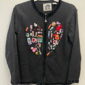 Women's Storybook Knits Glamorous Heart Black Zip-up Sweater Size XS